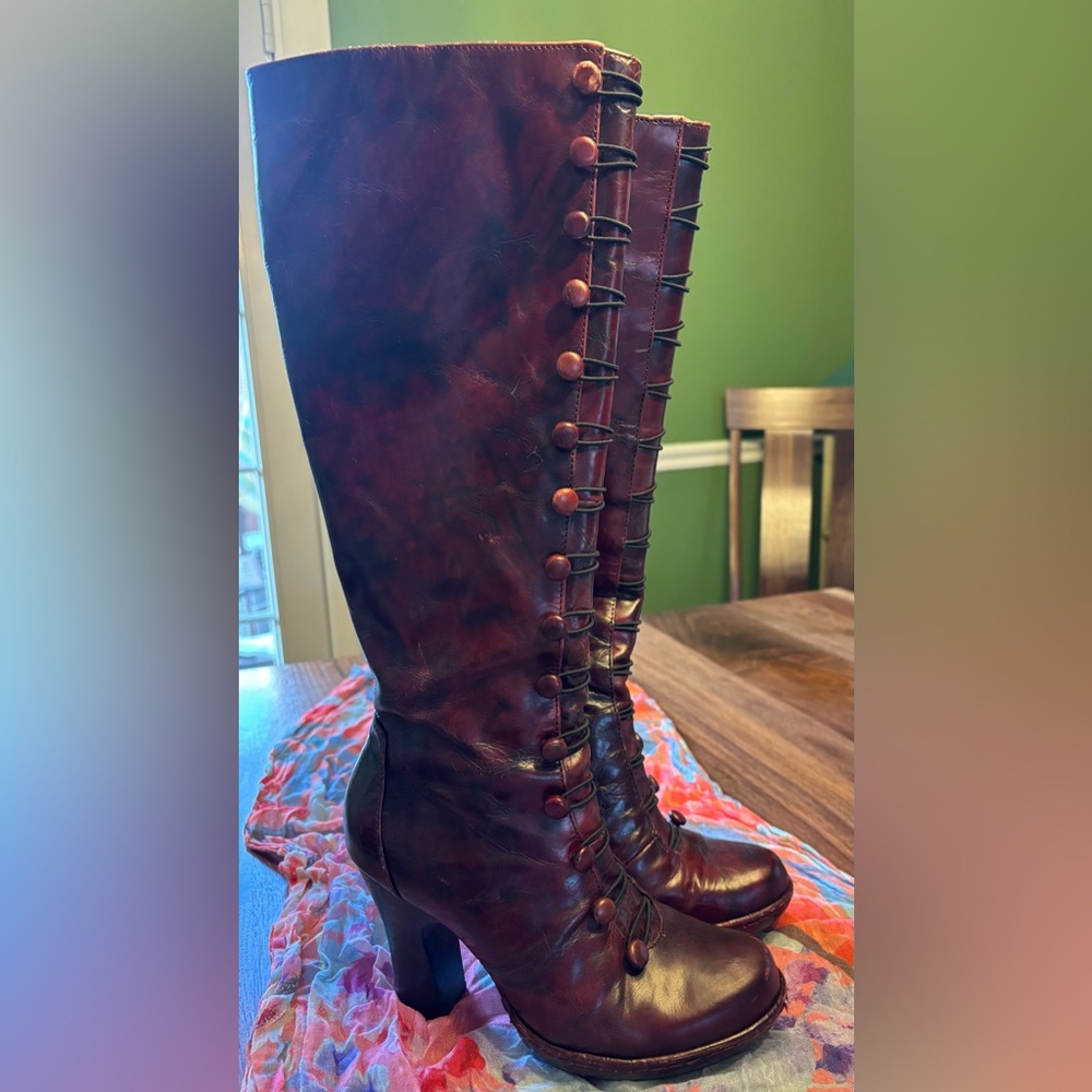 Born oxblood 14-button zip-up tall leather boots